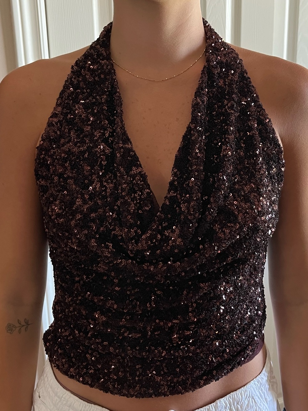 Zara Burgundy Sequin Halter Cowl Crop Top